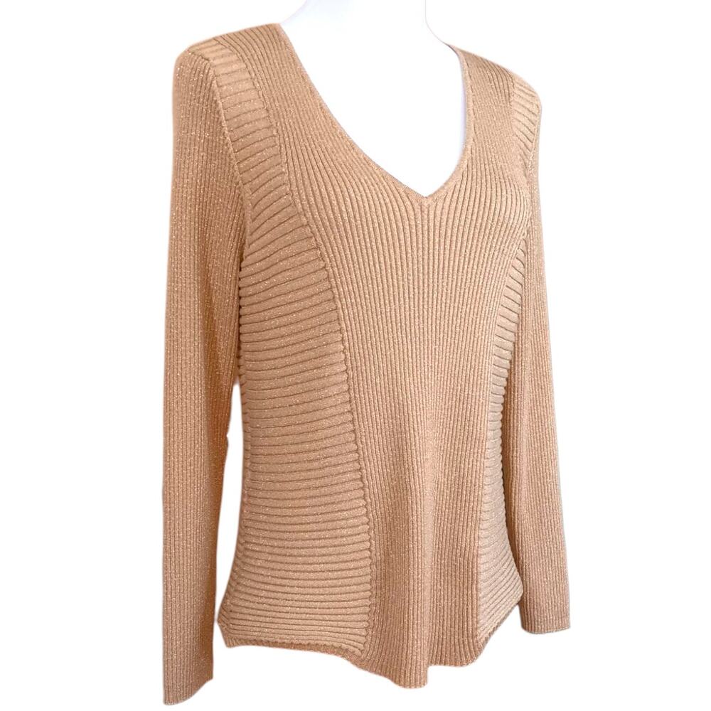 INC Knit Pullover Top Sweater XL Gold Metallic VNeck Event Career Office Holiday